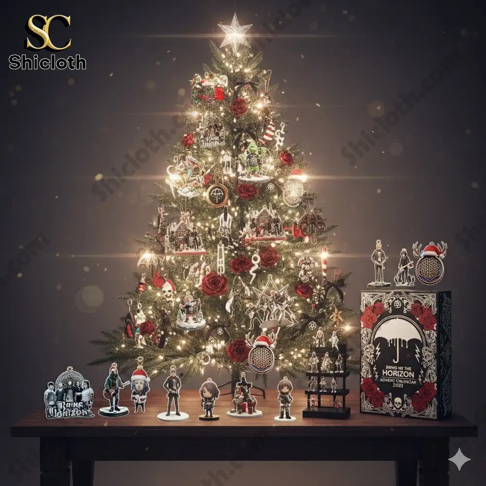 Christmas tree decorated with Bring Me The Horizon ornaments and the 2025 advent calendar box displayed beside it.
