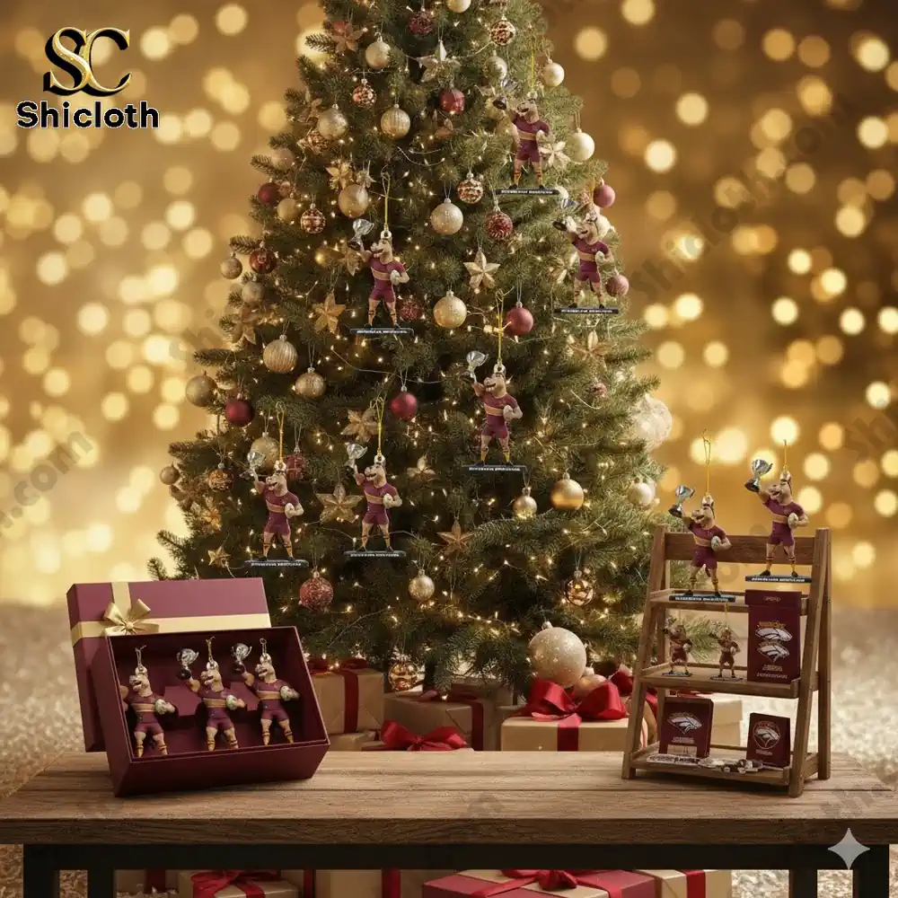 Christmas tree decorated with multiple Brisbane Broncos horse mascot ornaments in a festive room.