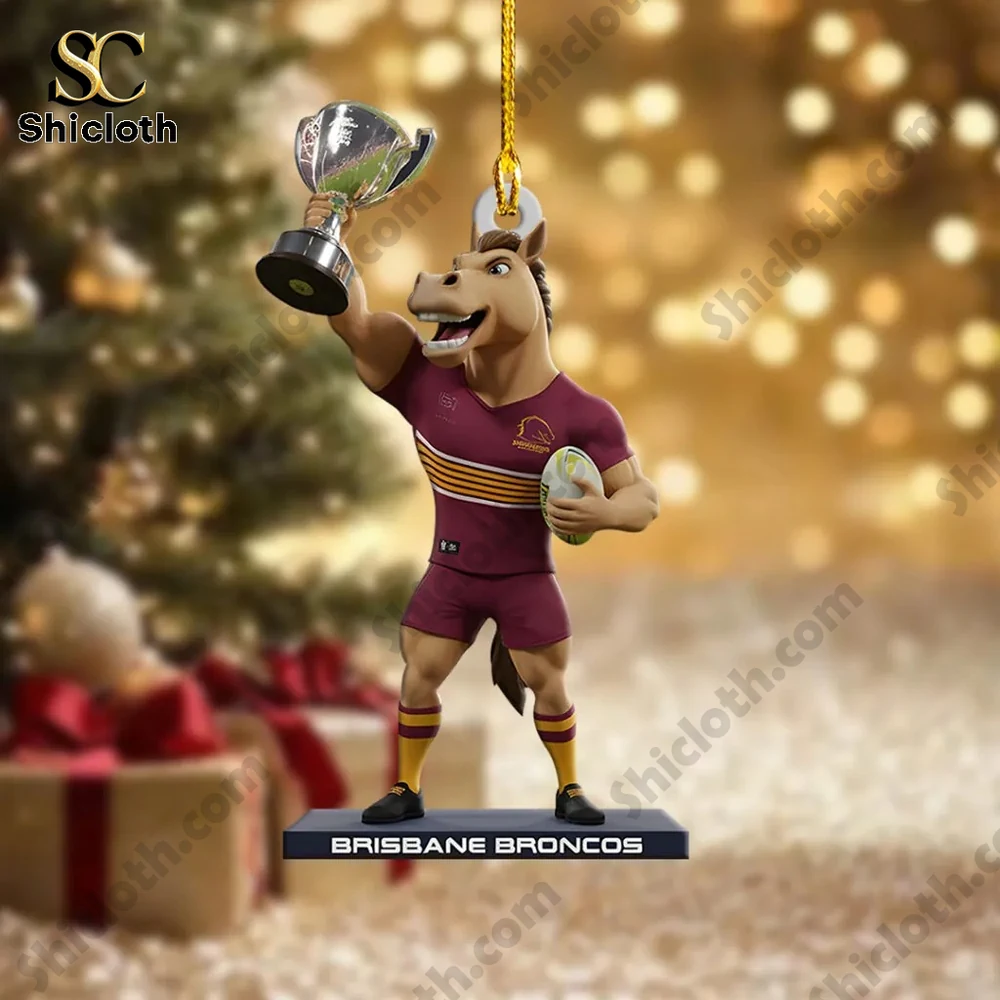 Close up of a Brisbane Broncos horse mascot ornament holding a trophy.