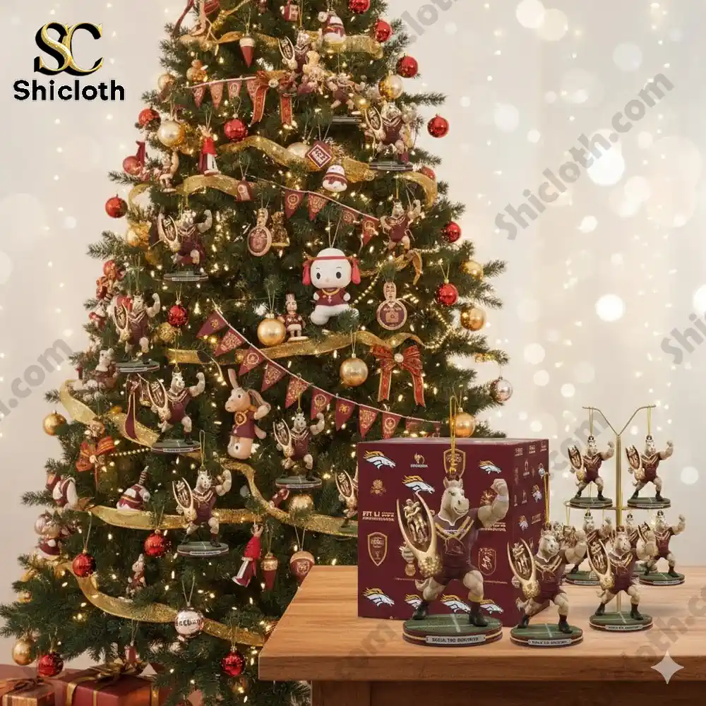 Christmas tree decorated with Brisbane Broncos mascot ornaments Shicloth!