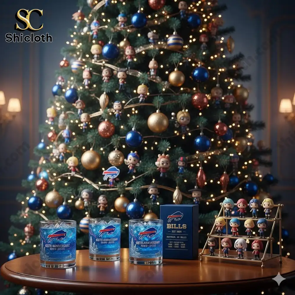 A decorated Christmas tree with Bills themed ornaments and Bills anniversary glasses on a table.
