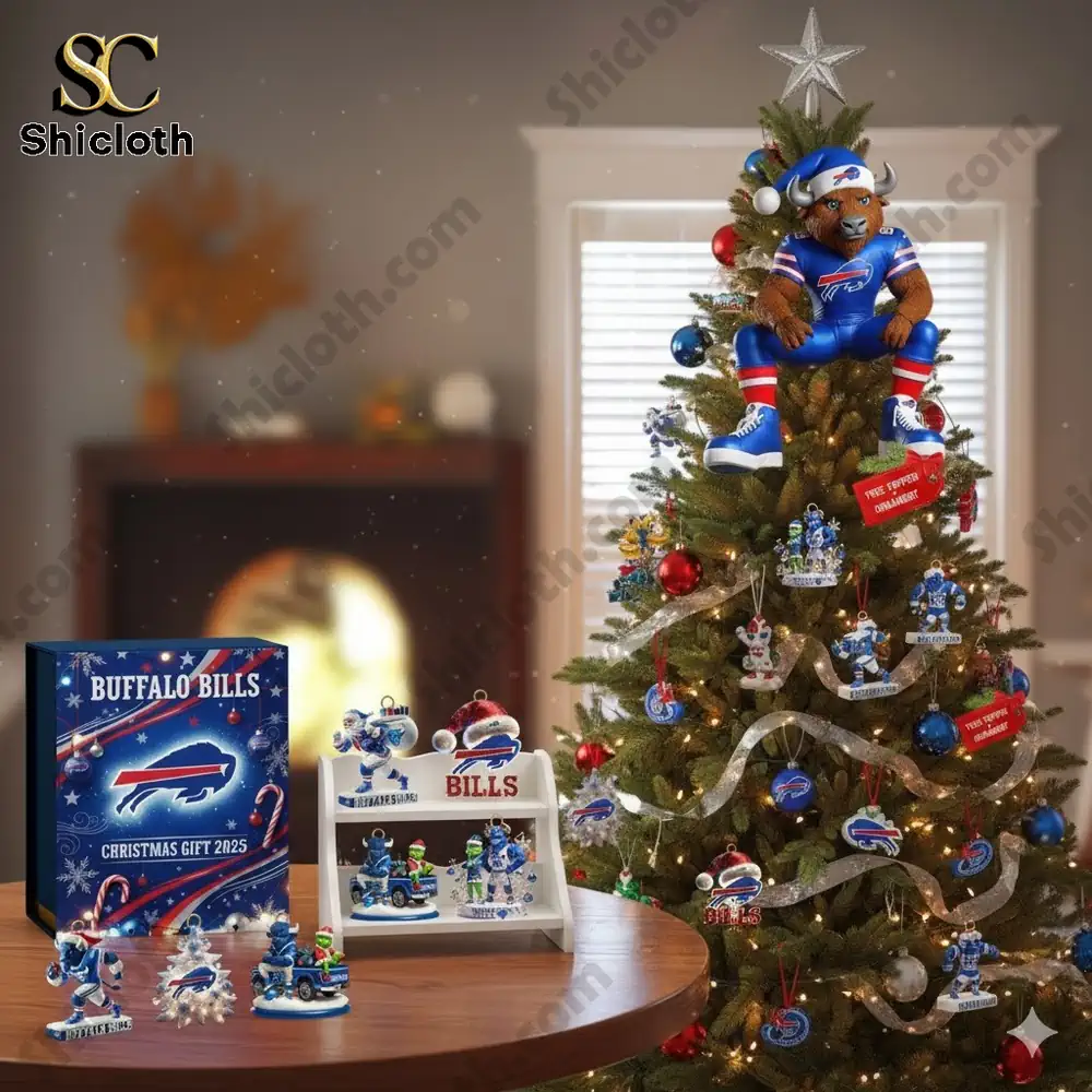 Christmas tree decorated with Buffalo Bills ornaments and 2025 gift box!