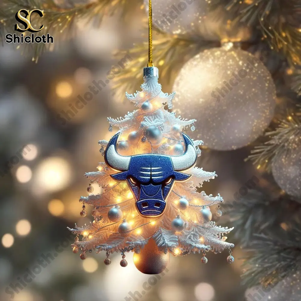 Buffalo Bills Christmas Tree Topper And Ornament Set Combo Official Nfl Holiday Gift 2025 4 Christmas tree ornament shaped like a bull head with glowing lights and silver decorations!