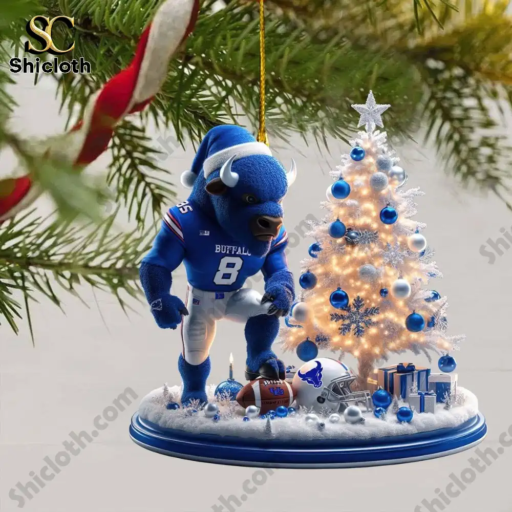 Buffalo Bills Christmas Tree Topper And Ornament Set Combo Official Nfl Holiday Gift 2025 6 Buffalo mascot ornament in football uniform beside a decorated Christmas tree!