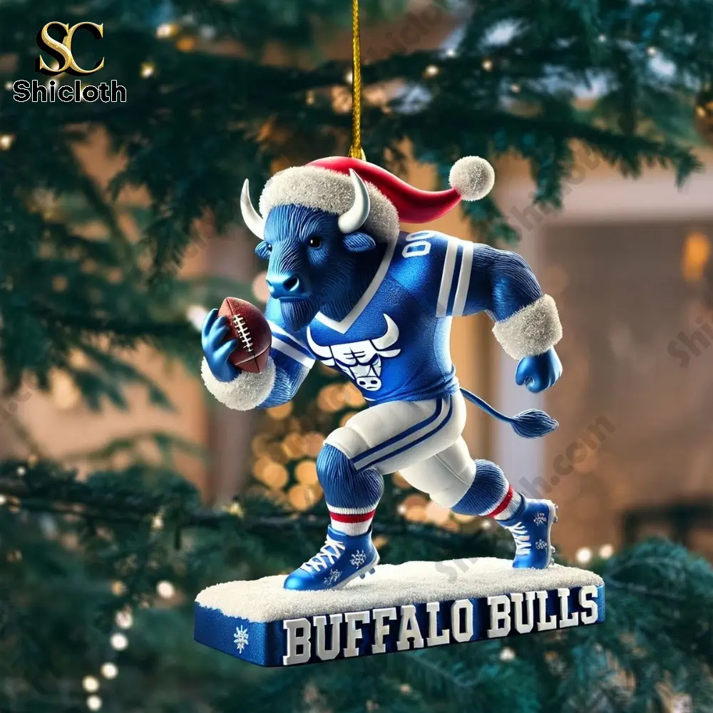 Buffalo Bills Christmas Tree Topper And Ornament Set Combo Official Nfl Holiday Gift 2025 7 Buffalo bull ornament in football pose wearing Santa hat and Buffalo Bulls uniform!
