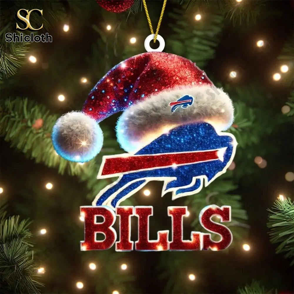 Buffalo Bills Christmas Tree Topper And Ornament Set Combo Official Nfl Holiday Gift 2025 8 Buffalo Bills logo ornament with red Santa hat and glittering Christmas lights!