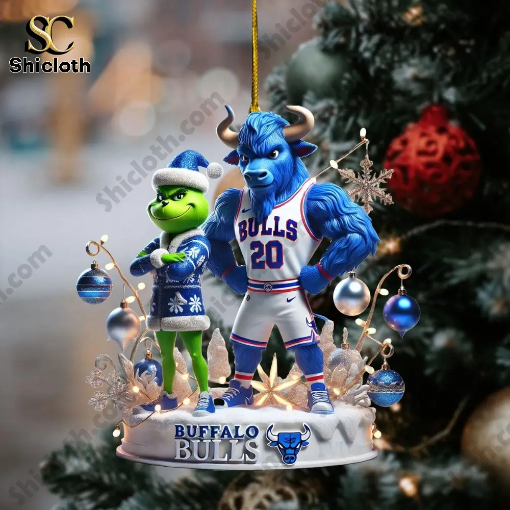 Buffalo Bills Christmas Tree Topper And Ornament Set Combo Official Nfl Holiday Gift 2025 9 Buffalo bull mascot and green character standing together as Christmas ornament!
