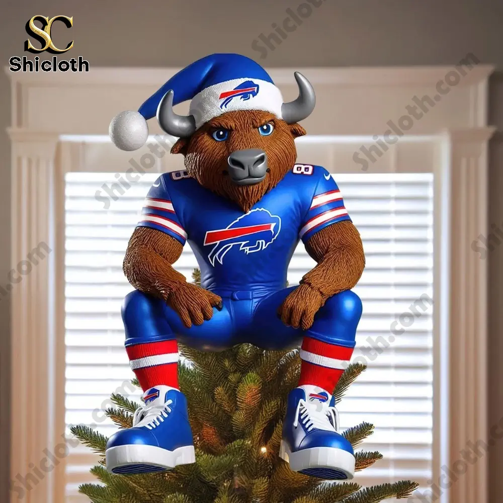 Buffalo Bills Christmas Tree Topper And Ornament Set Combo Official Nfl Holiday Gift 2025 3 Buffalo Bills mascot tree topper wearing blue uniform and Santa hat!