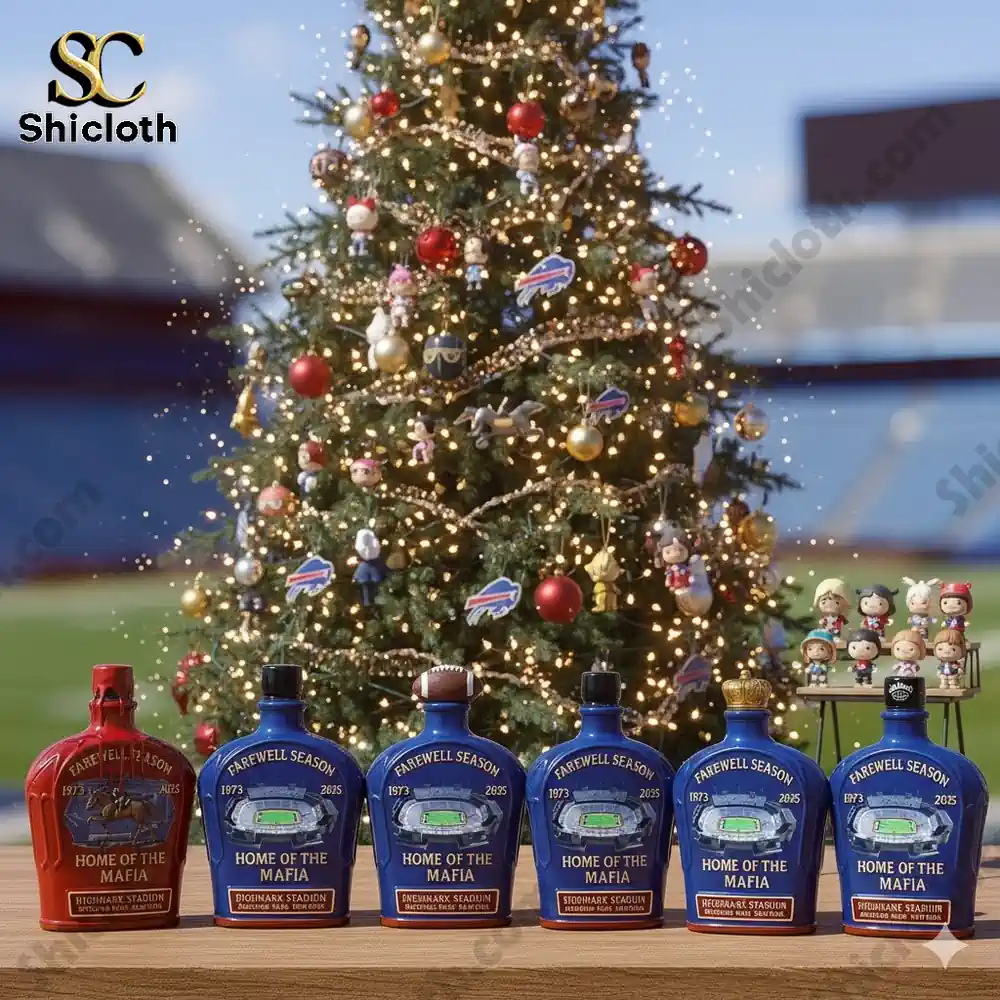 A Christmas tree adorned with decorations and a collection of commemorative Buffalo Bills whiskey bottles in front. Each bottle features a unique cap and celebrates the farewell season of Highmark Stadium.