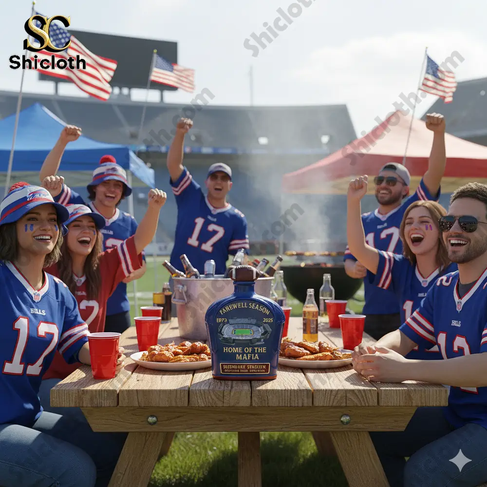 Buffalo Bills Fans Tailgating with Farewell Season Whiskey Bottle - Shicloth