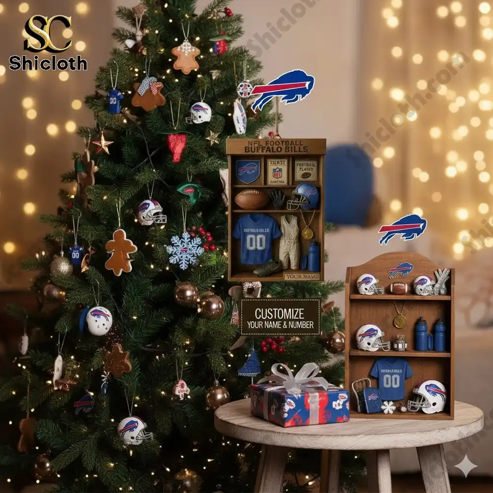 Christmas tree decorated with Buffalo Bills themed ornaments and a Shicloth gift display box.