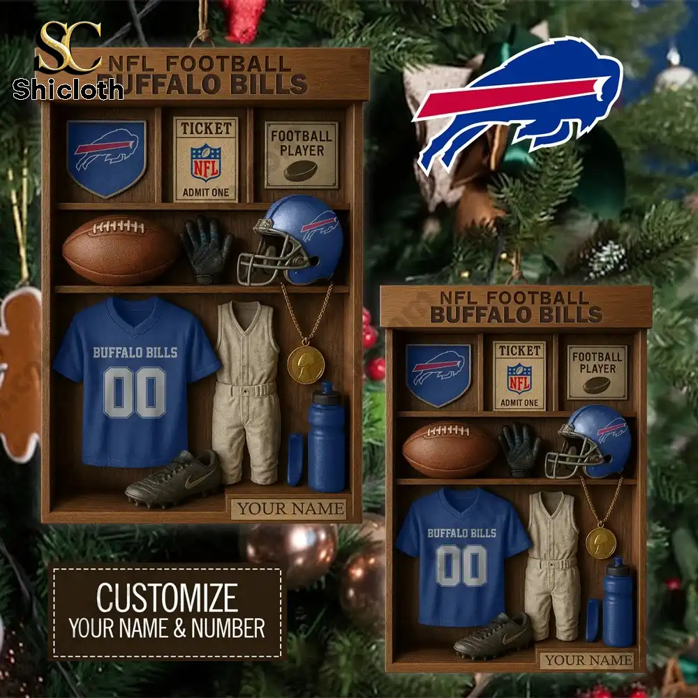 Close up of two Shicloth Buffalo Bills themed display ornaments with miniature football items.