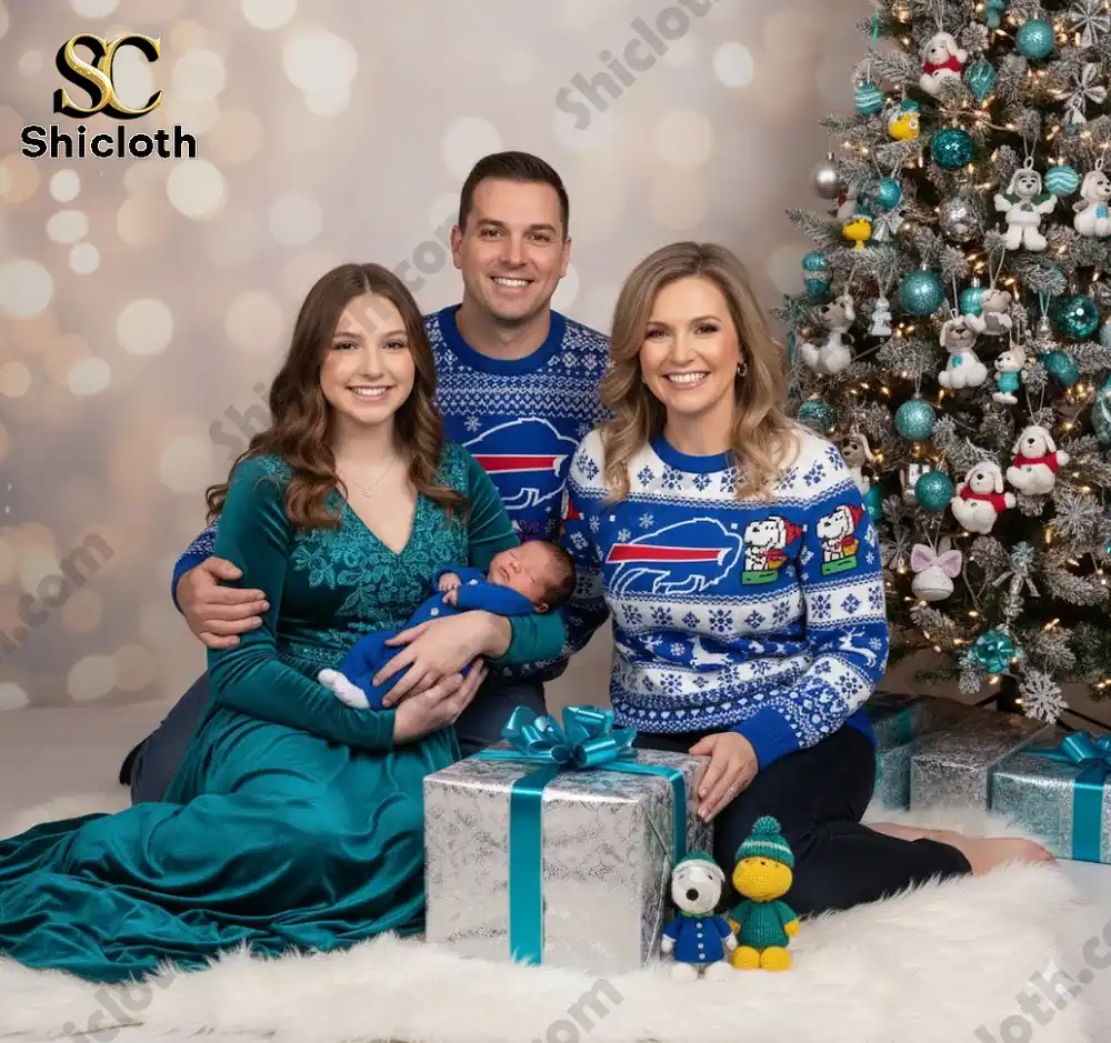 A Christmas family photo featuring a couple with a newborn baby in front of a decorated tree, wearing matching Snoopy Buffalo Bills sweaters.