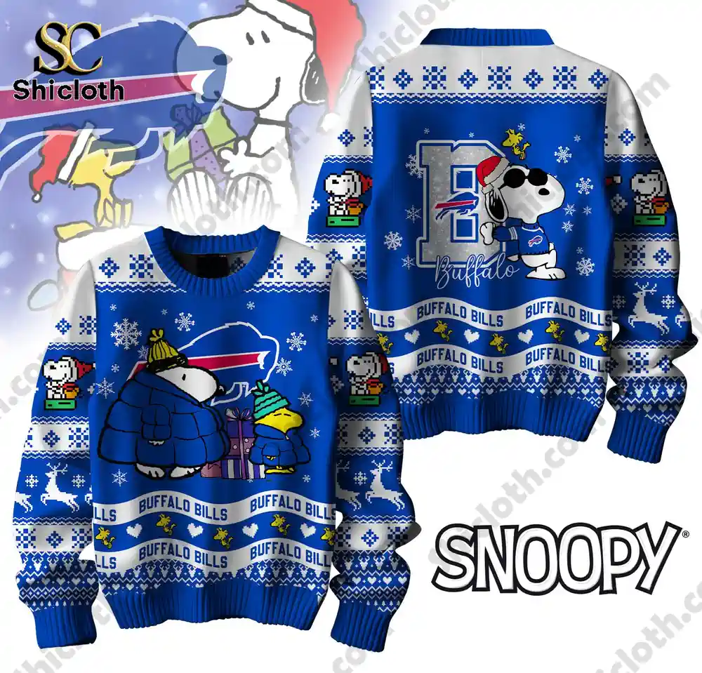 A Snoopy-themed Buffalo Bills ugly Christmas sweater design featuring Snoopy in winter attire with snowflakes and festive elements.