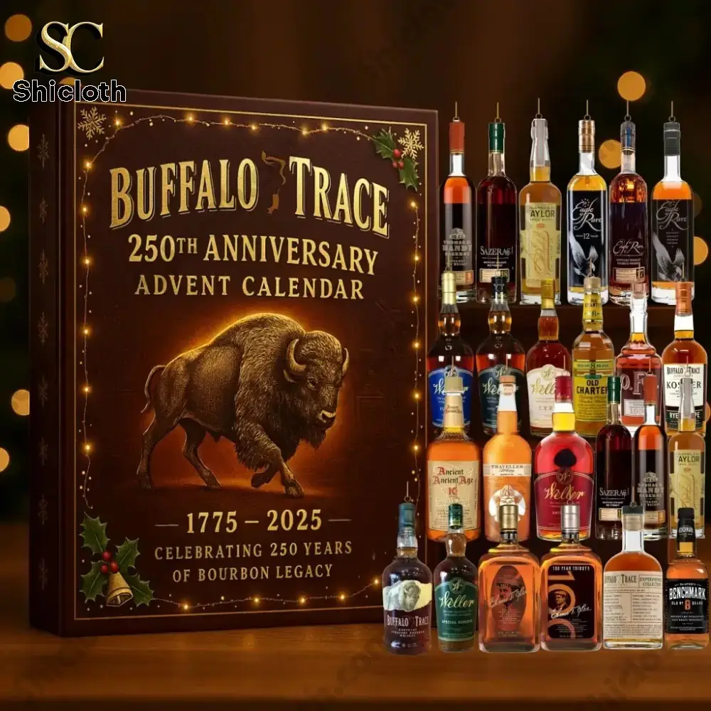 Special Custom Buffalo Trace Advent Calendar 2025 4 Buffalo Trace Advent Calendar Style 1 box with assorted bourbon bottles beside it by Shicloth.
