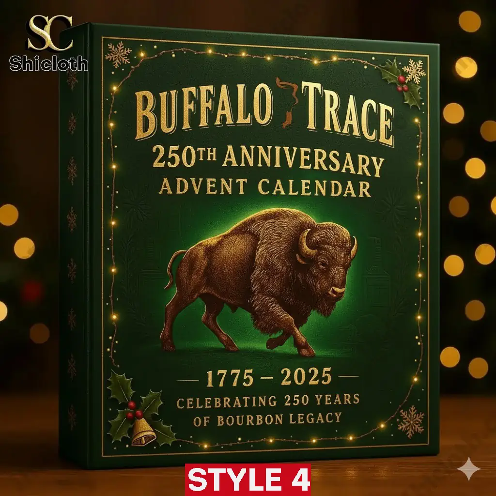 Special Custom Buffalo Trace Advent Calendar 2025 9 Buffalo Trace Advent Calendar Style 4 dark green box glowing under warm Christmas lights by Shicloth.