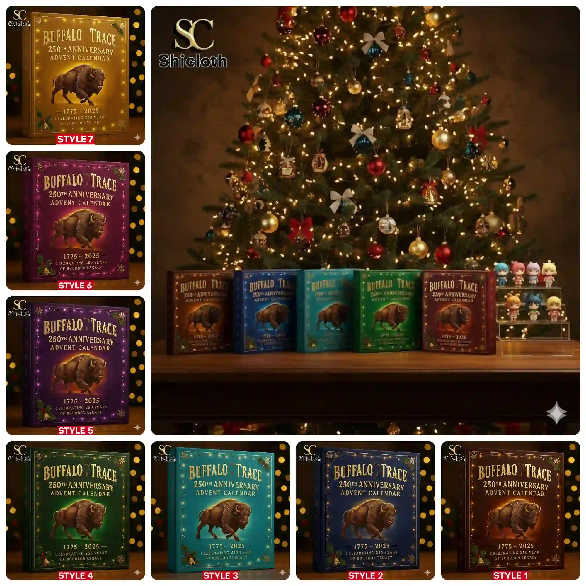 Seven styles of Buffalo Trace 250th Anniversary Advent Calendar displayed beside a Christmas tree by Shicloth.