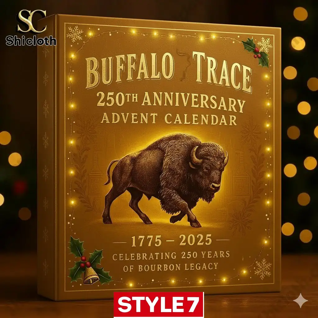 Special Custom Buffalo Trace Advent Calendar 2025 15 Close up magenta Buffalo Trace advent calendar front showing gold buffalo emblem by Shicloth!