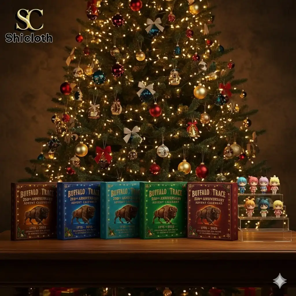 Buffalo Trace Advent Calendar boxes displayed under a decorated Christmas tree with lights by Shicloth.
