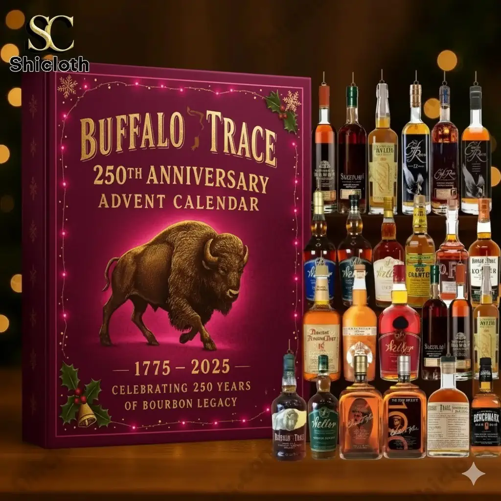 Special Custom Buffalo Trace Advent Calendar 2025 14 Magenta Buffalo Trace 250th Anniversary advent calendar box with miniature bourbon bottles displayed beside it by Shicloth!