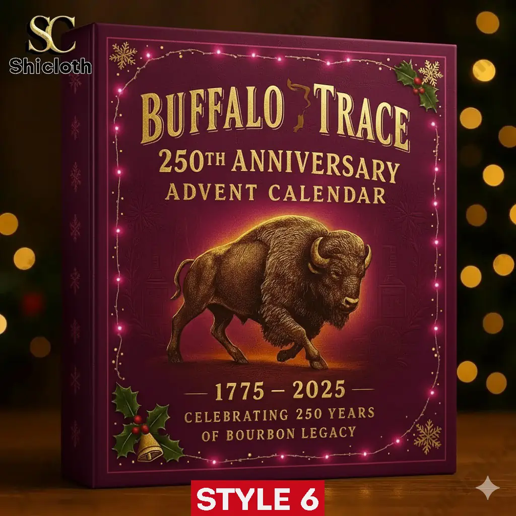 Special Custom Buffalo Trace Advent Calendar 2025 13 Purple Buffalo Trace 250th Anniversary advent calendar box with assorted bourbon bottles beside it by Shicloth!