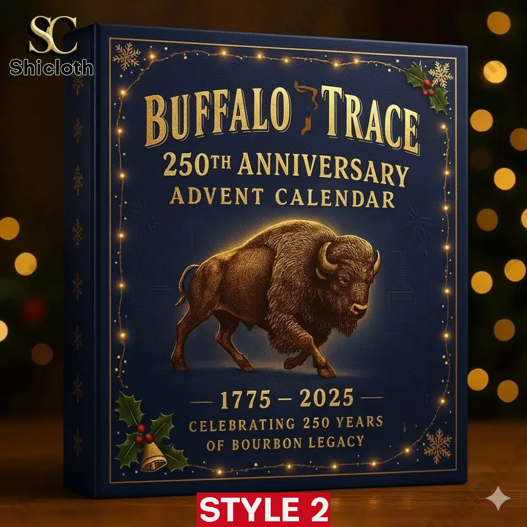 Special Custom Buffalo Trace Advent Calendar 2025 5 Buffalo Trace Advent Calendar Style 2 box beside a set of miniature bourbon bottles by Shicloth.