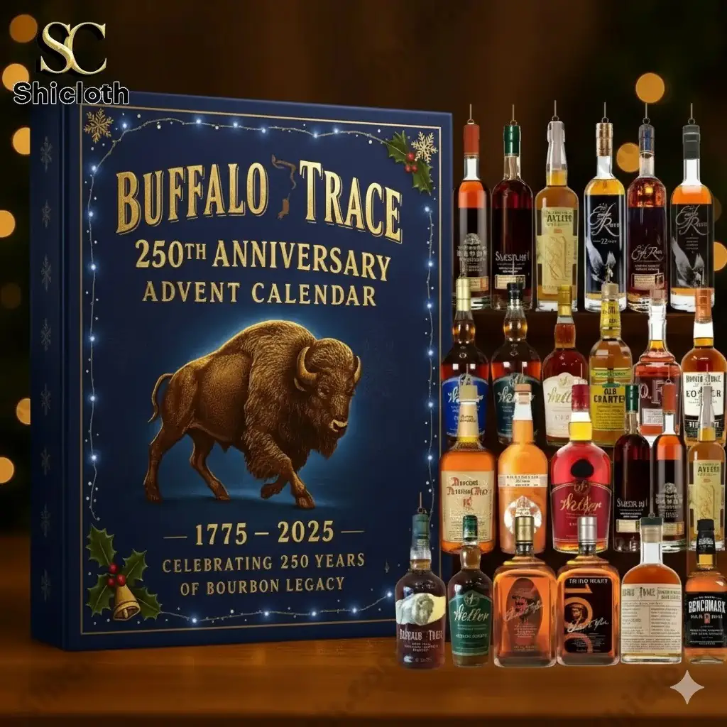 Special Custom Buffalo Trace Advent Calendar 2025 6 Buffalo Trace Advent Calendar Style 2 box beside a set of miniature bourbon bottles by Shicloth.