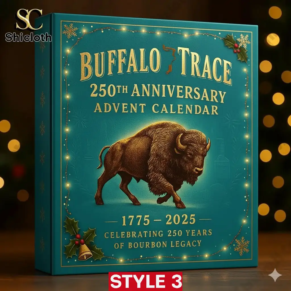 Special Custom Buffalo Trace Advent Calendar 2025 7 Buffalo Trace Advent Calendar Style 3 teal box glowing under Christmas lights by Shicloth.