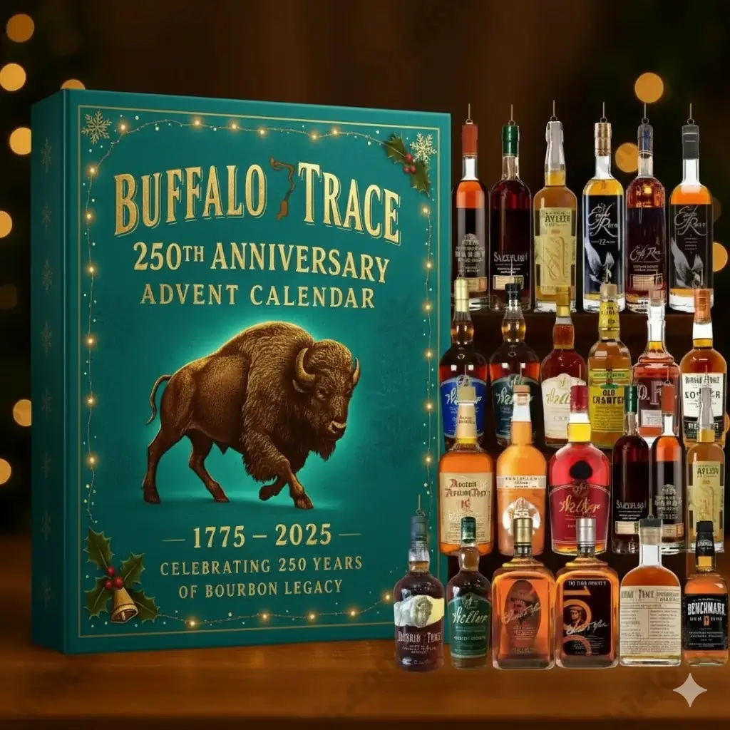 Special Custom Buffalo Trace Advent Calendar 2025 8 Buffalo Trace Advent Calendar Style 3 teal box with bourbon bottles arranged behind it by Shicloth.