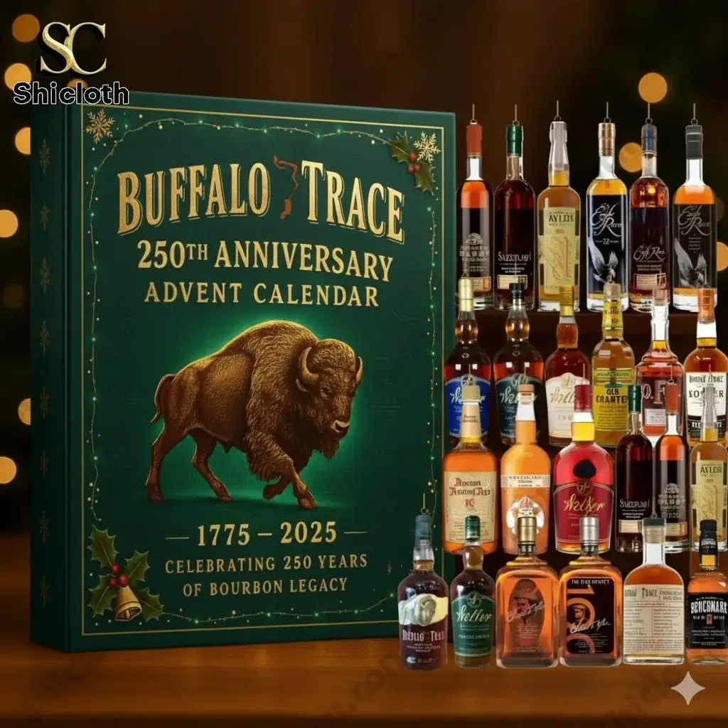 Special Custom Buffalo Trace Advent Calendar 2025 10 Buffalo Trace Advent Calendar Style 4 green box with bourbon bottles beside it by Shicloth.