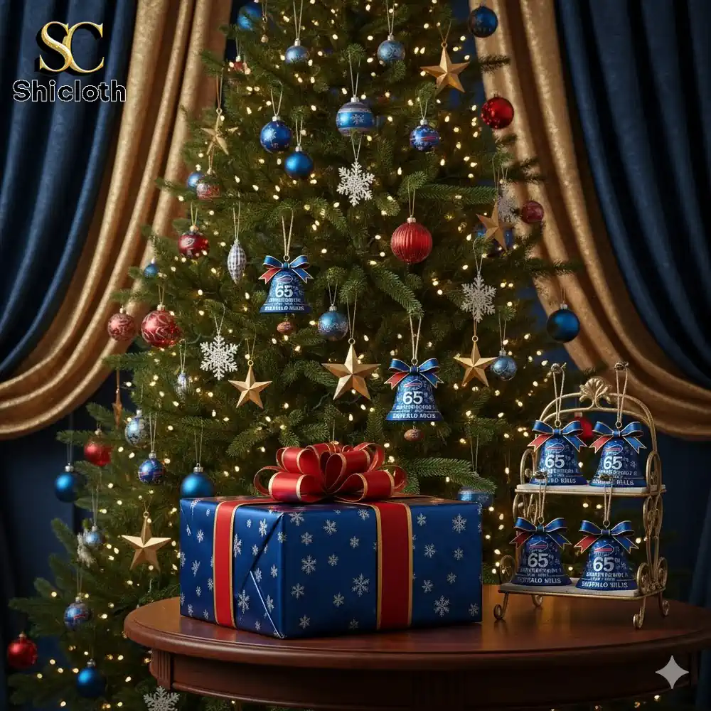Christmas tree decorated with blue Buffalo Bills bell ornaments and a wrapped gift on a table.