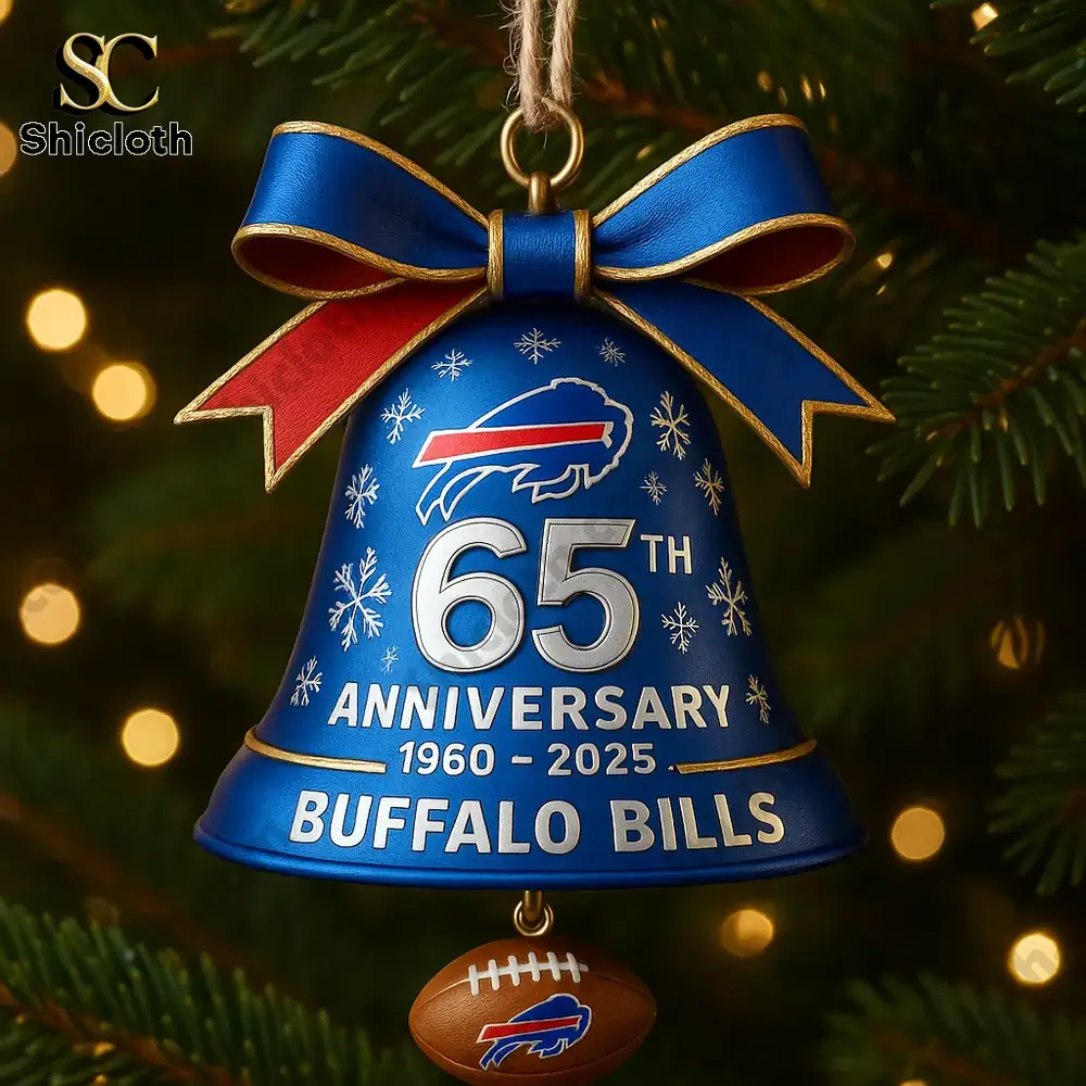 Close up of a blue Buffalo Bills bell ornament with 65th anniversary text and a hanging football charm.
