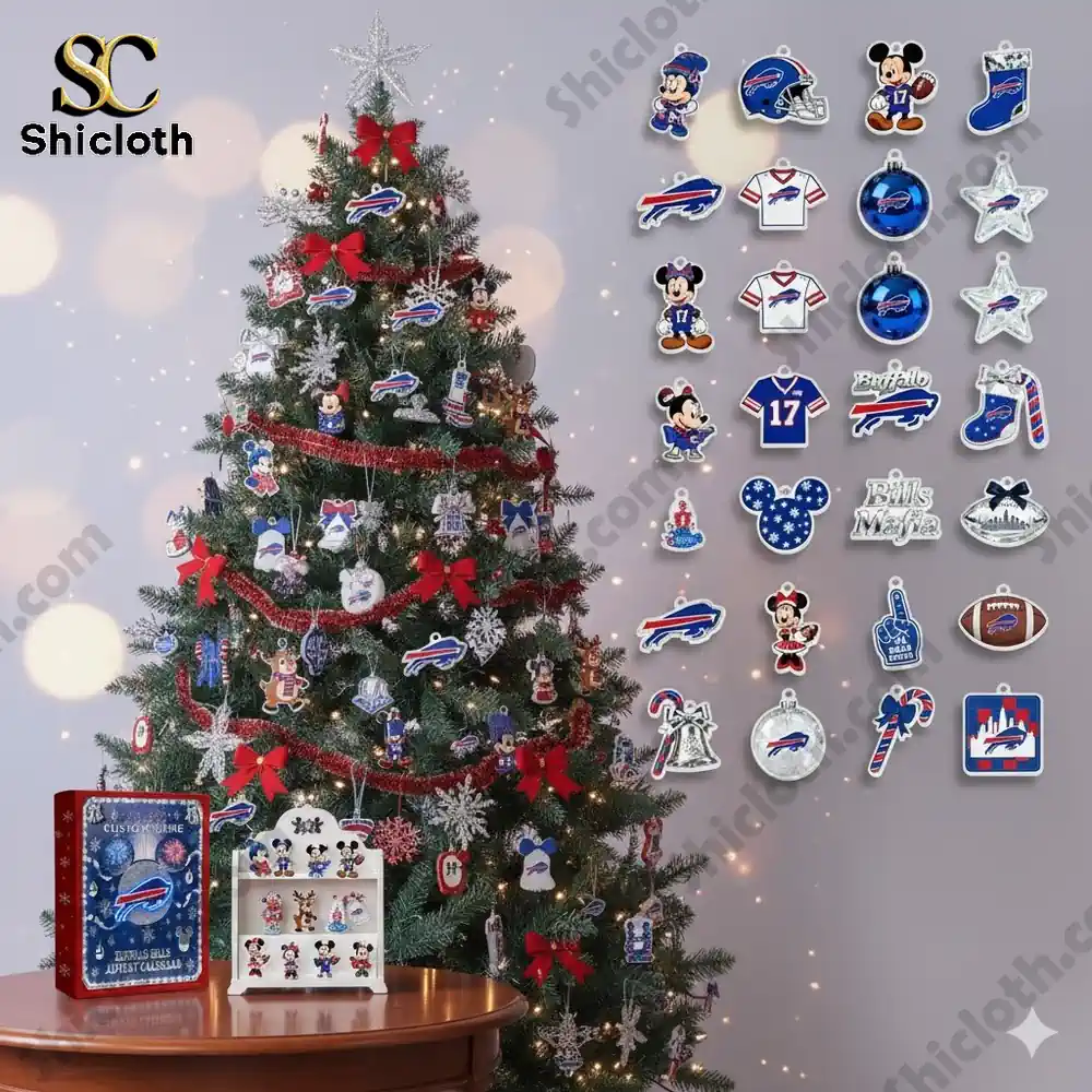 A Christmas tree decorated with Buffalo Bills themed ornaments beside the Mickey Mouse Advent calendar box!