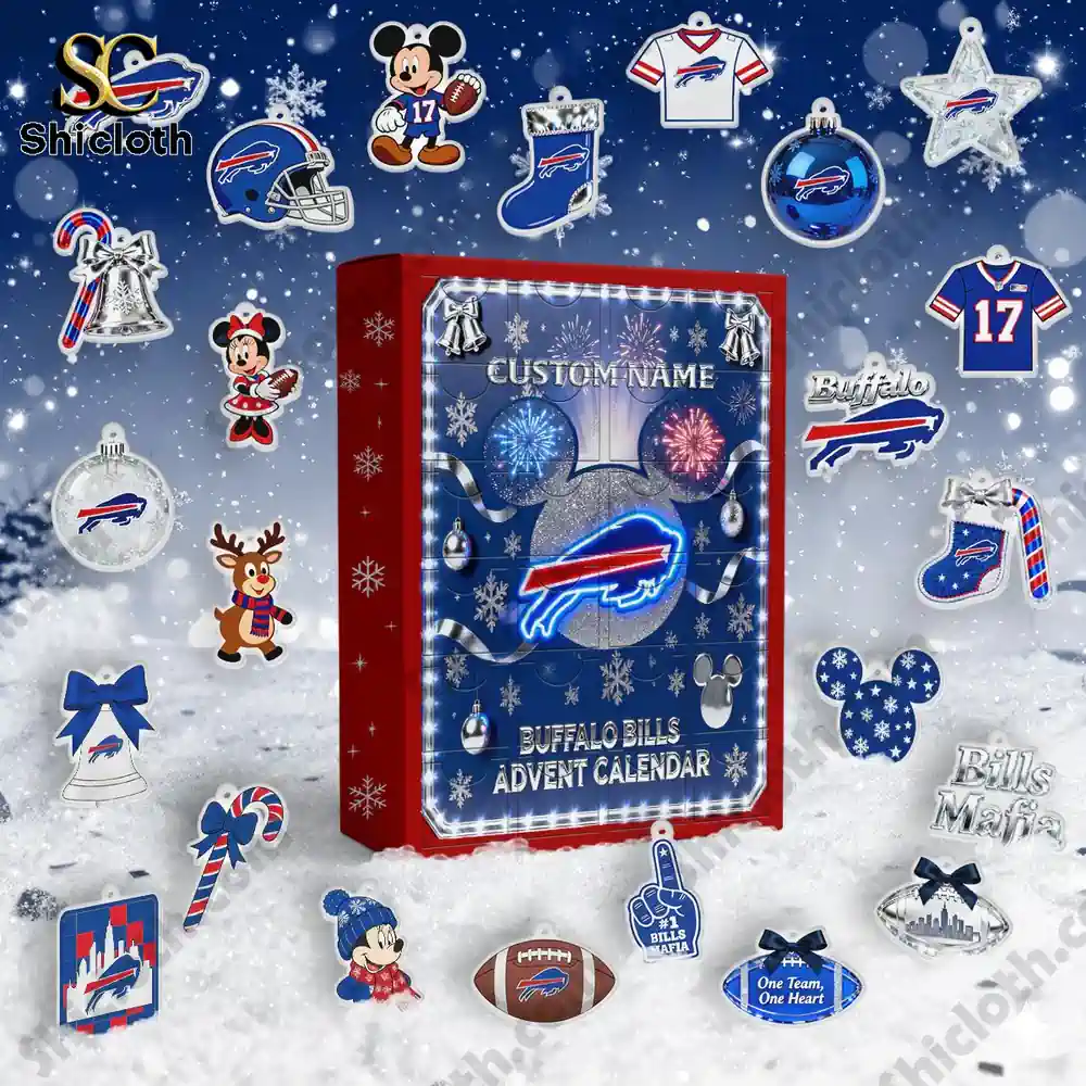 Buffalo Bills x Mickey Mouse Custom Name Advent Calendar 2025 3 Buffalo Bills Mickey Mouse Advent calendar 2025 surrounded by themed Christmas ornaments and decorations!