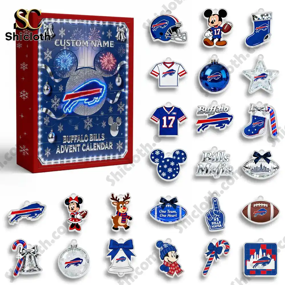Buffalo Bills x Mickey Mouse Custom Name Advent Calendar 2025 4 Buffalo Bills Mickey Mouse Advent calendar 2025 with collectible ornaments arranged around the box!