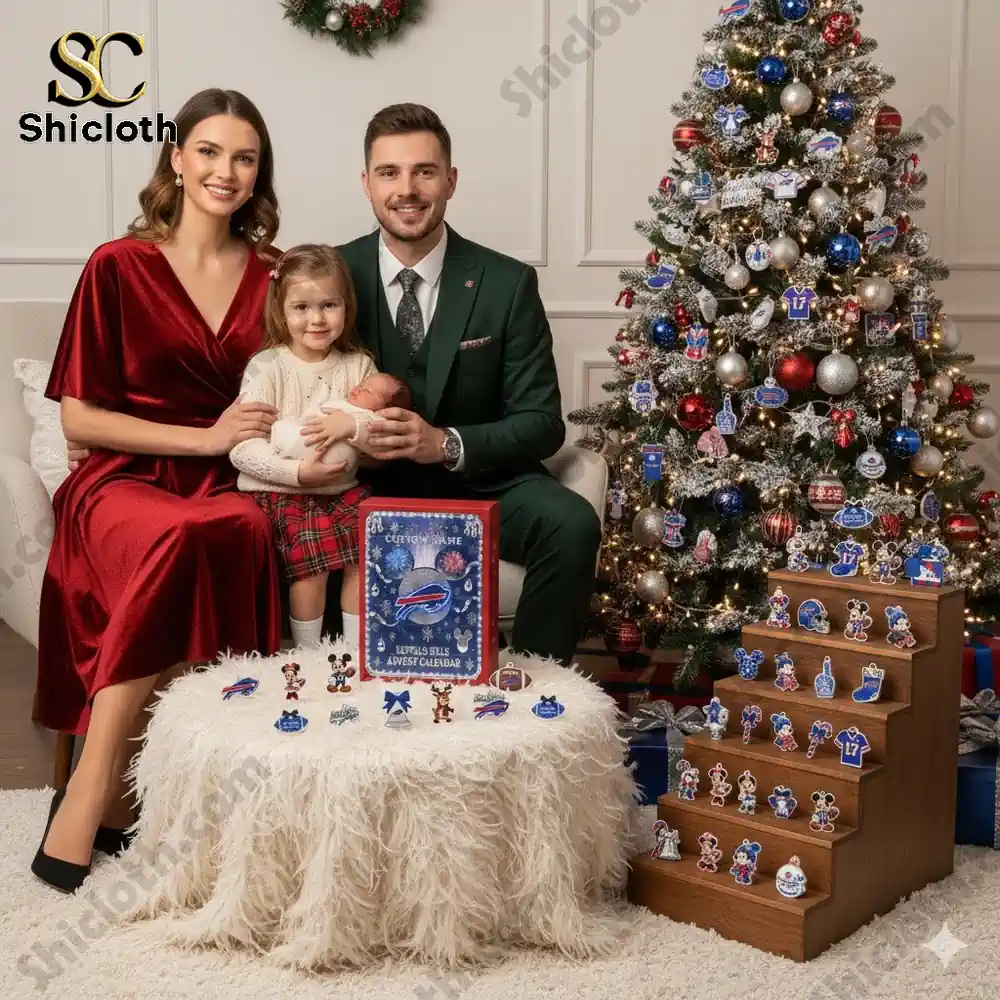 Family posing with Buffalo Bills advent calendar beside a decorated Christmas tree!