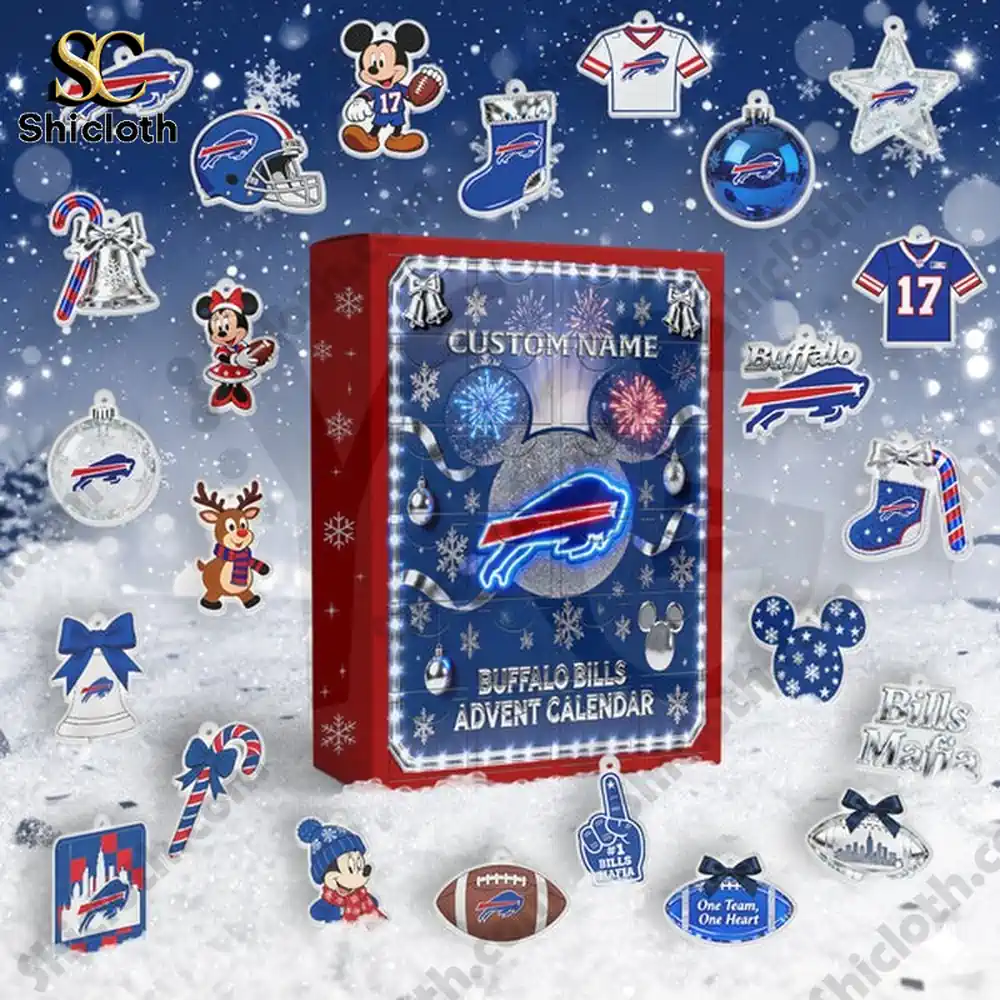 Buffalo Bills Funko Christmas Personalized Advent Calendar 3 Close up of Buffalo Bills advent calendar with themed ornaments and decorations!