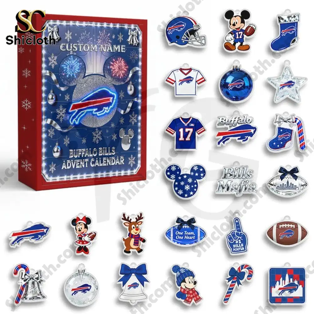 Buffalo Bills Funko Christmas Personalized Advent Calendar 4 Buffalo Bills advent calendar with various themed ornaments displayed around it!