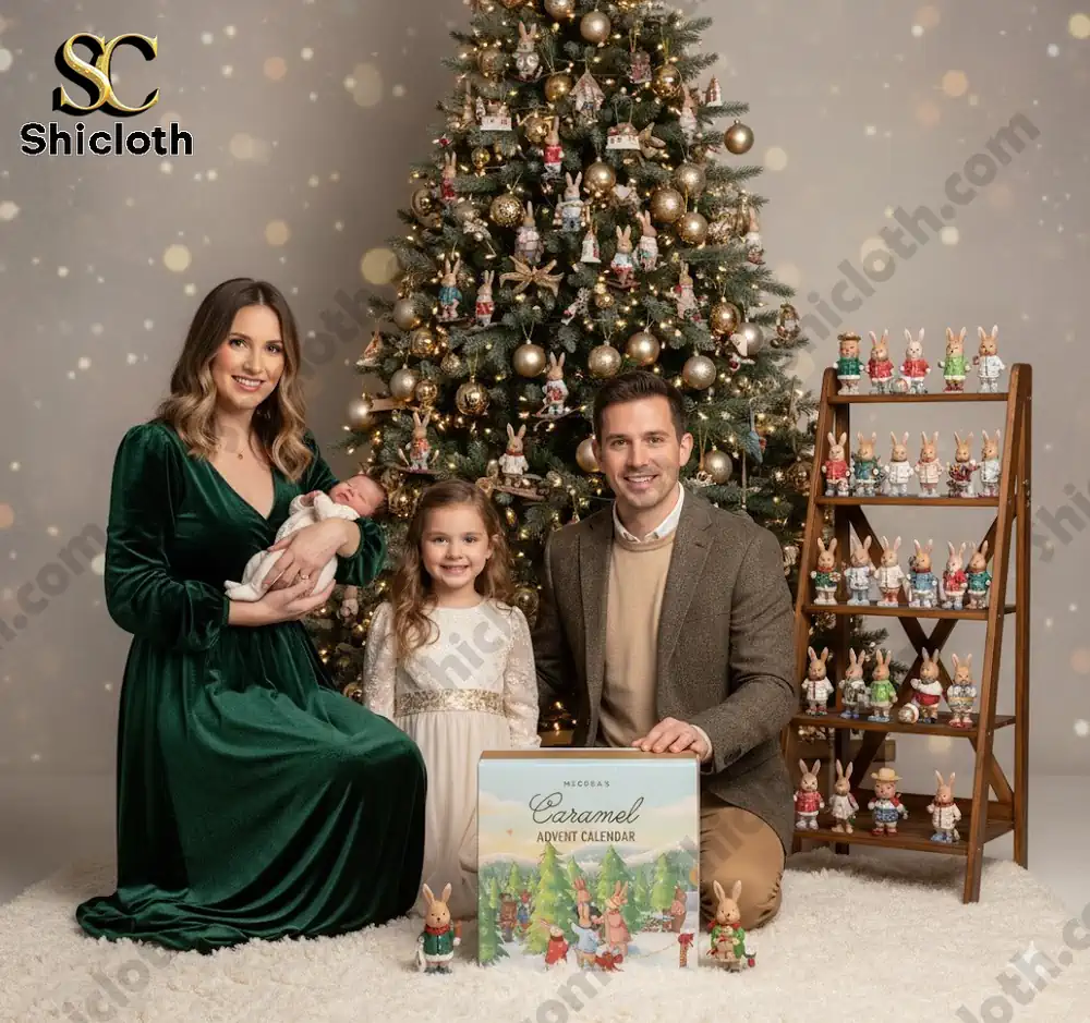 A family posing by a Christmas tree with McCreas Caramel Advent Calendar and holiday decorations.