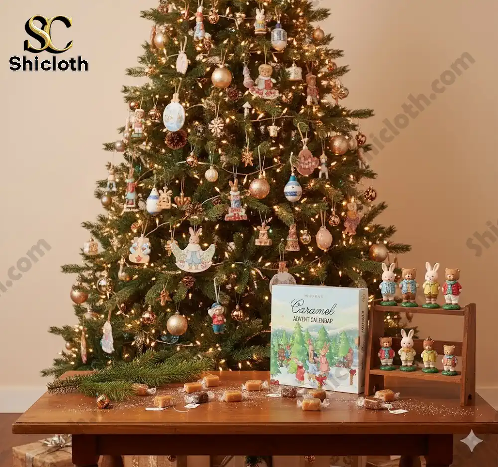 Decorated Christmas tree with McCreas Caramel Advent Calendar displayed on a wooden table.