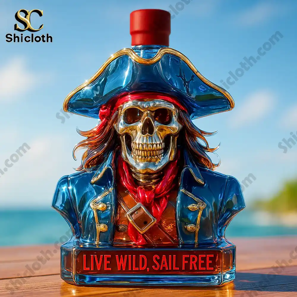 A blue pirate skull captain bottle with a red cap stands on a wooden surface by the sea!