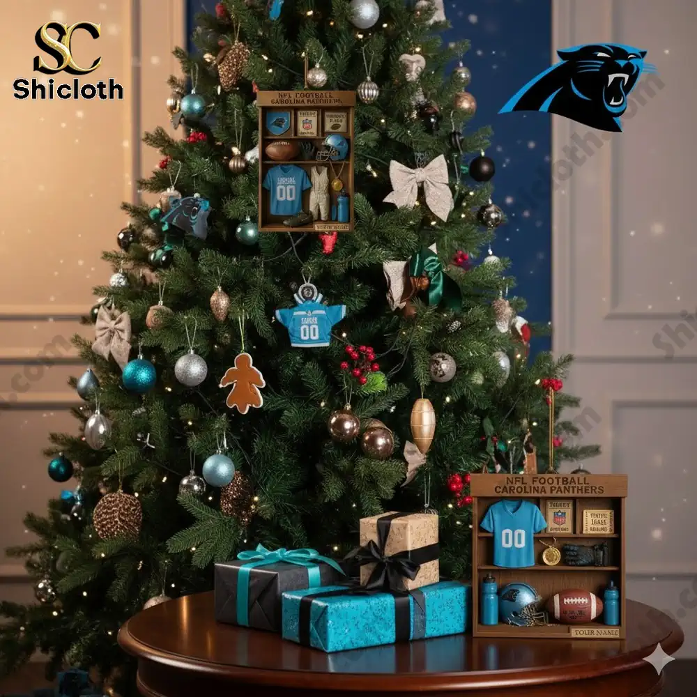 Christmas tree decorated with Carolina Panthers themed ornament display.