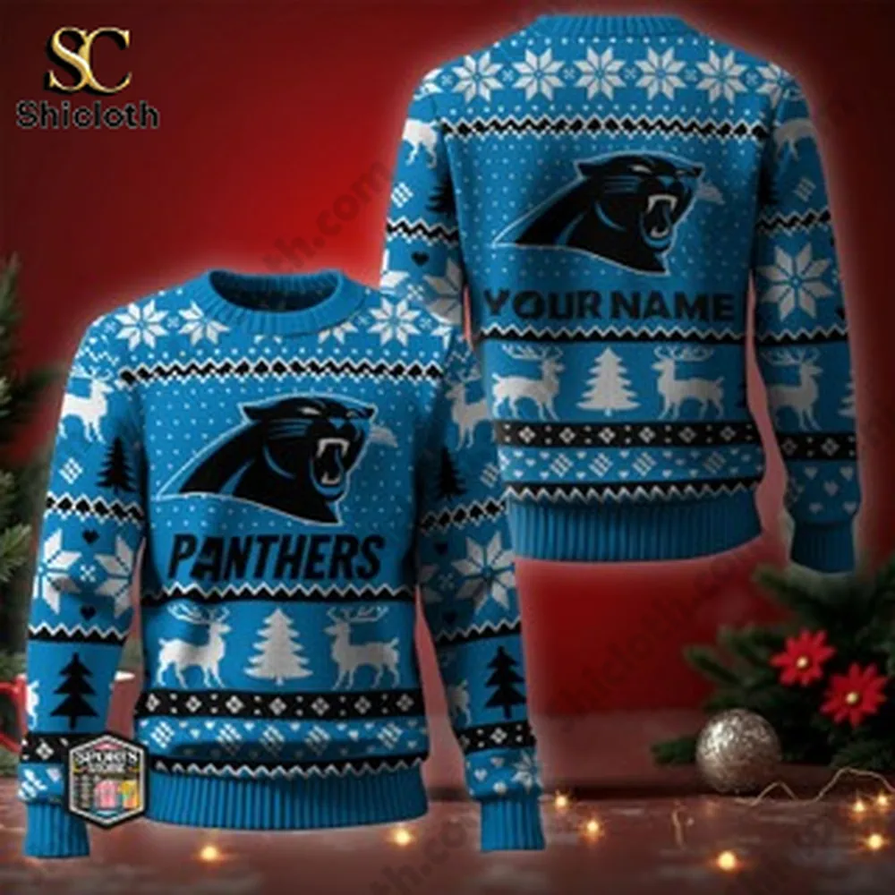 A blue Christmas sweater with Panthers logo and personalized name, decorated with snowflakes, trees, and reindeer patterns.
