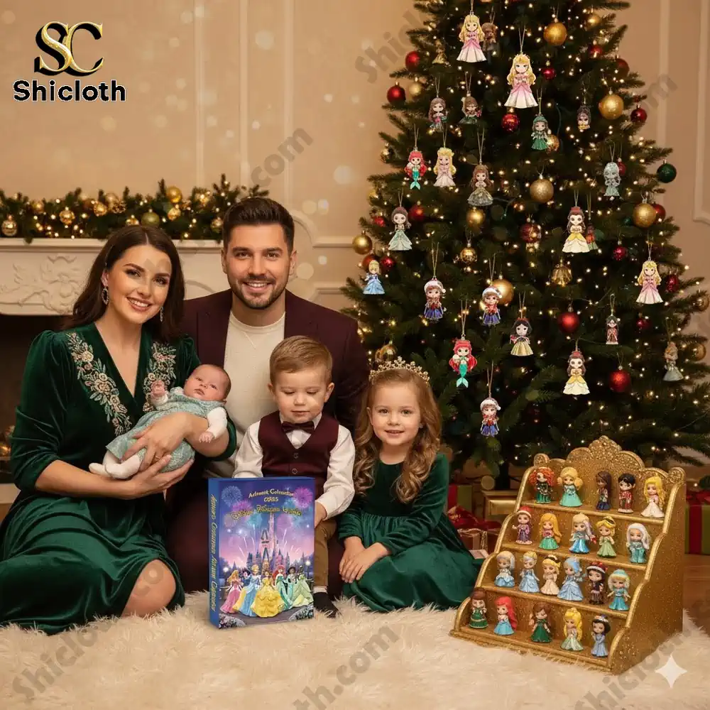 A family sits happily by a Christmas tree decorated with Disney princess ornaments and a Shicloth Advent calendar box.