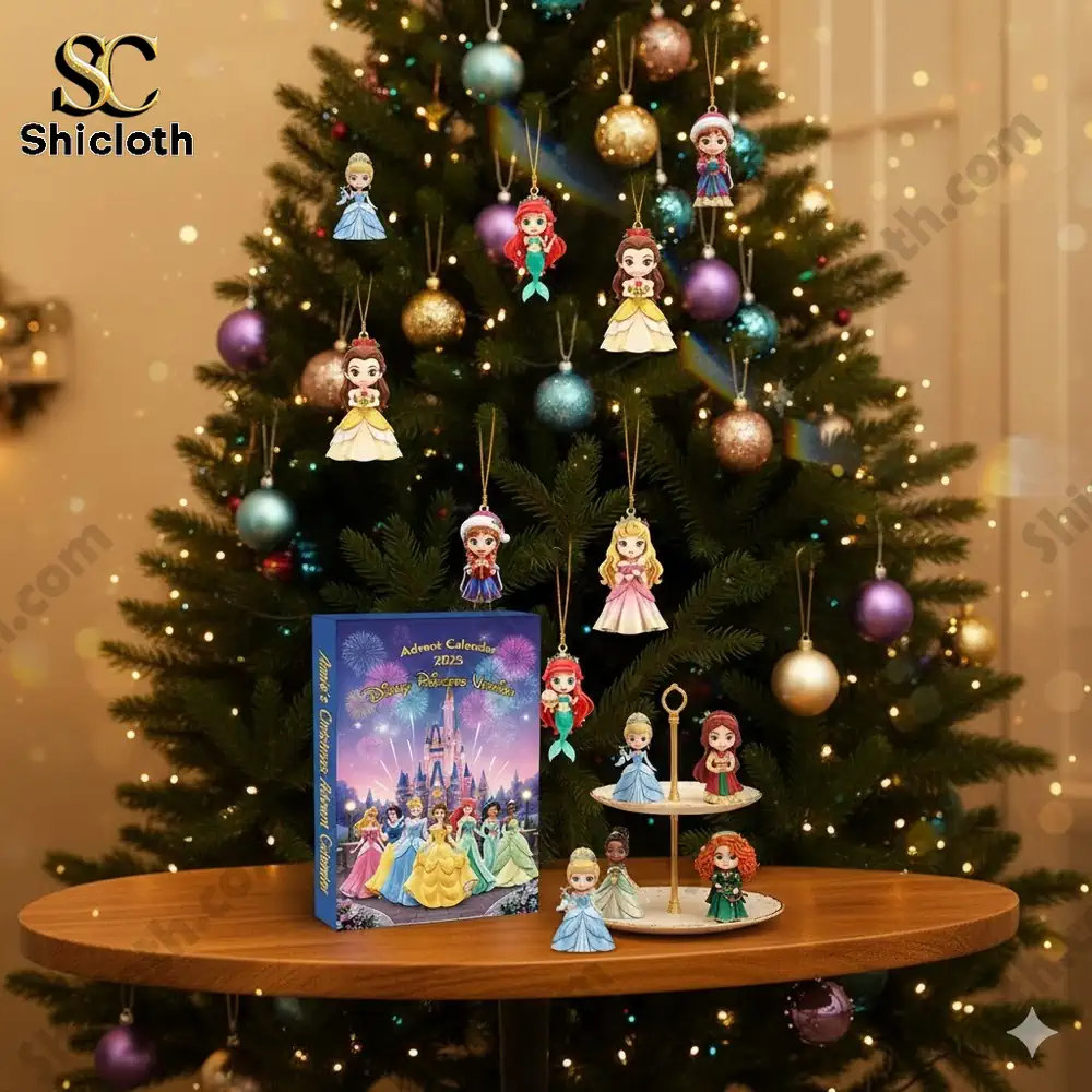 A Christmas tree decorated with Disney princess ornaments stands behind a Shicloth Advent Calendar box on a wooden table.