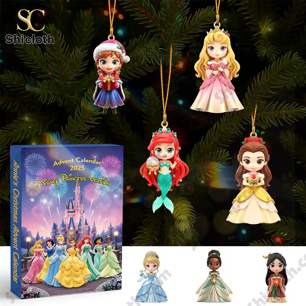 Cartoon Princess Personalized Gifts For Kids Christmas Advent Calendar 3 Close-up of Disney princess ornaments hanging on a Christmas tree with a Shicloth Advent Calendar box below.