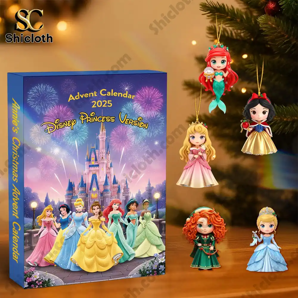 Cartoon Princess Personalized Gifts For Kids Christmas Advent Calendar 4 Shicloth Advent Calendar 2025 box beside Disney princess figurines and ornaments near a Christmas tree.
