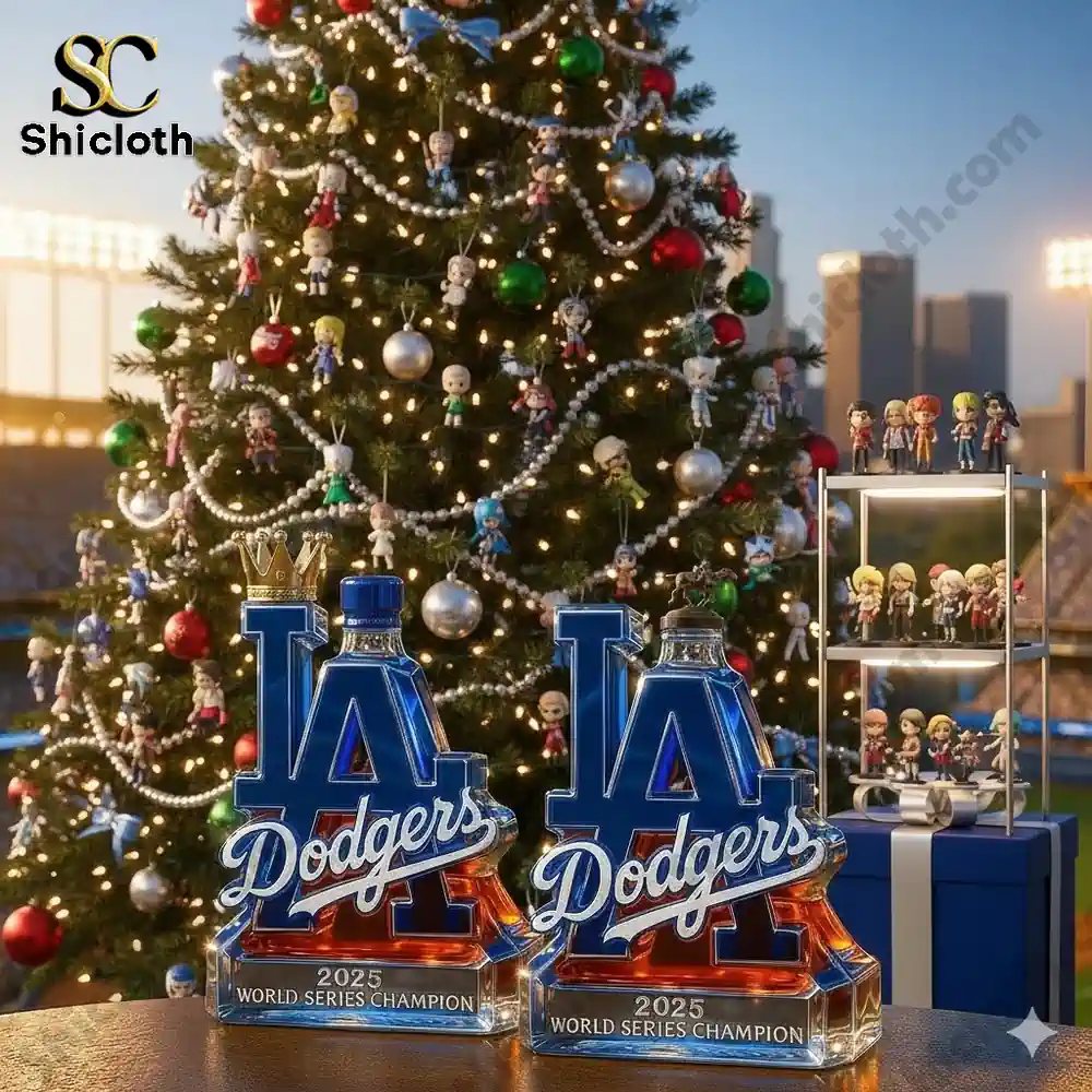 A shaped bottle with LA Dodgers branding displayed before a decorated Christmas tree at a stadium for Shicloth!