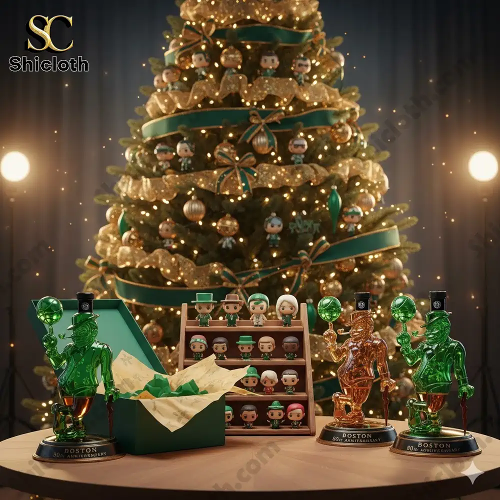 Decorative mascot figures and small collectible toys displayed in front of a lit Christmas tree.