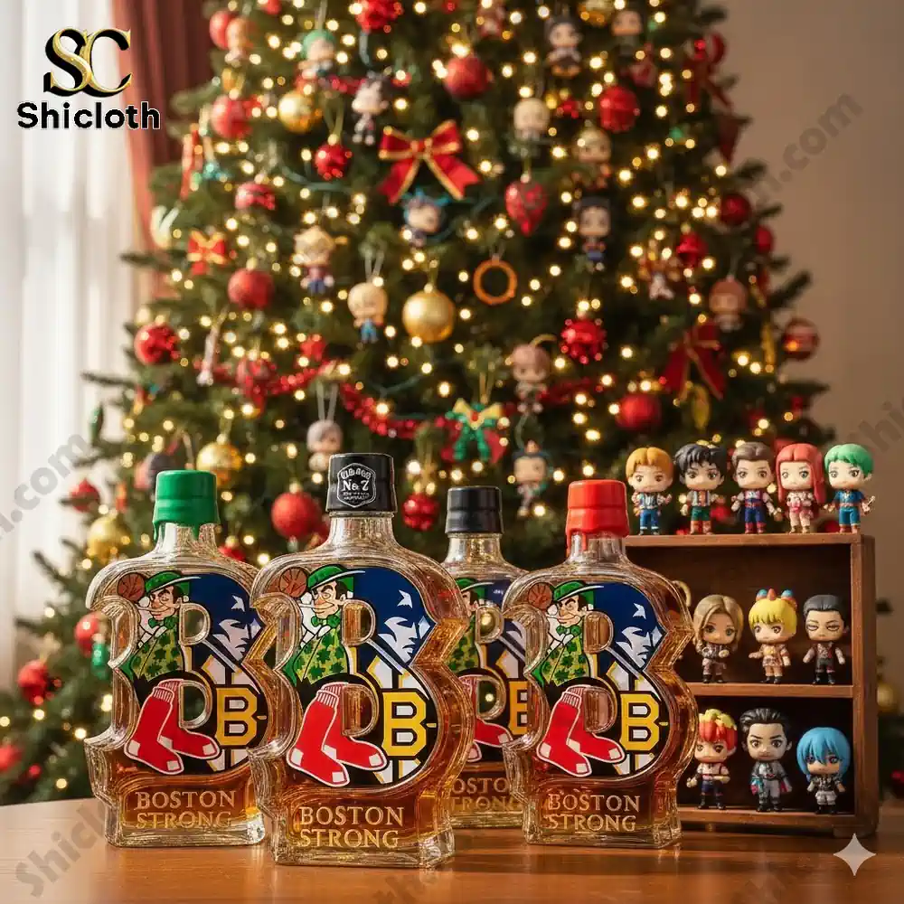 Four Boston Strong shaped whiskey decanters displayed before a decorated Christmas tree and miniature figures!